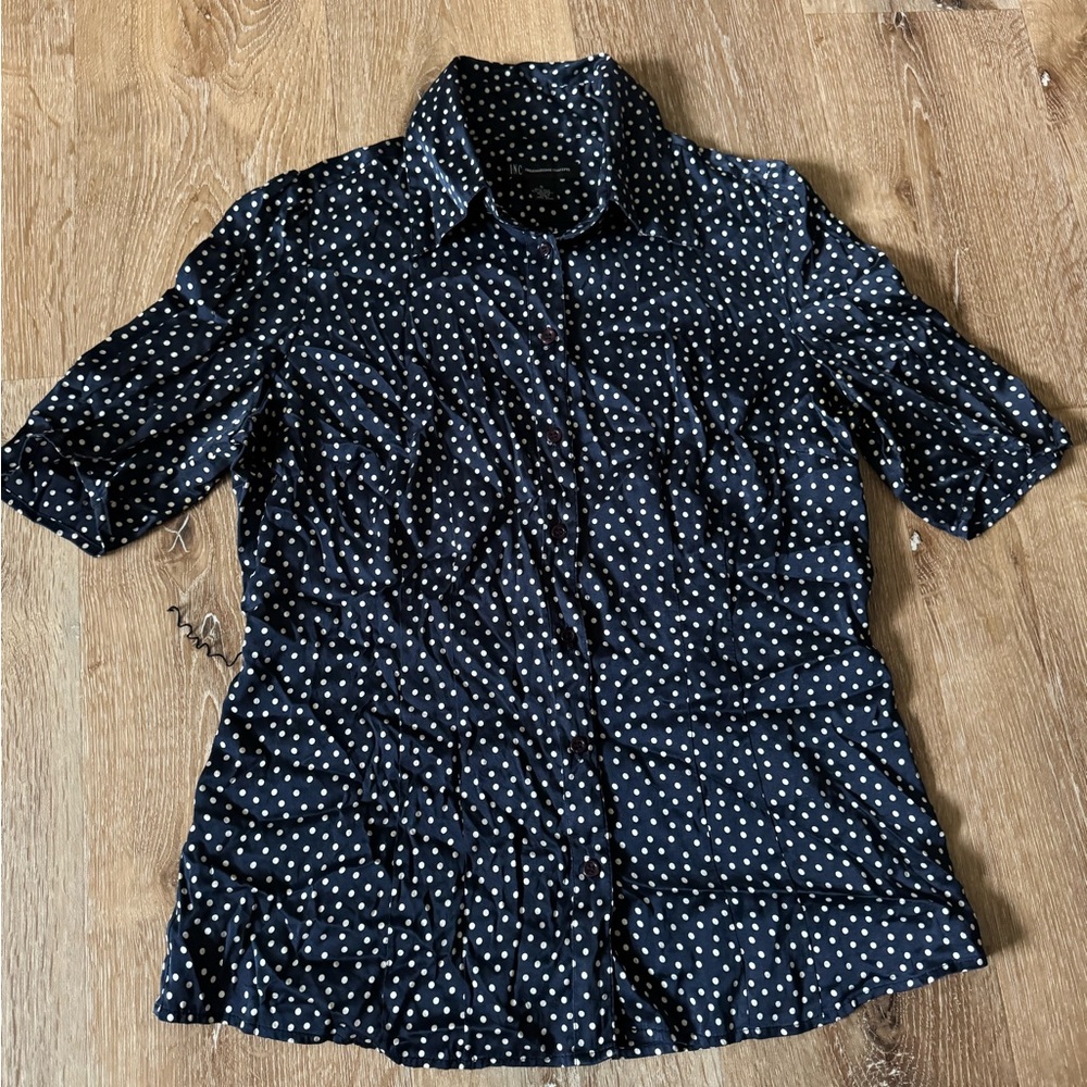 INC International Concepts Navy Polka Dot Short Sleeve Blouse Size 6